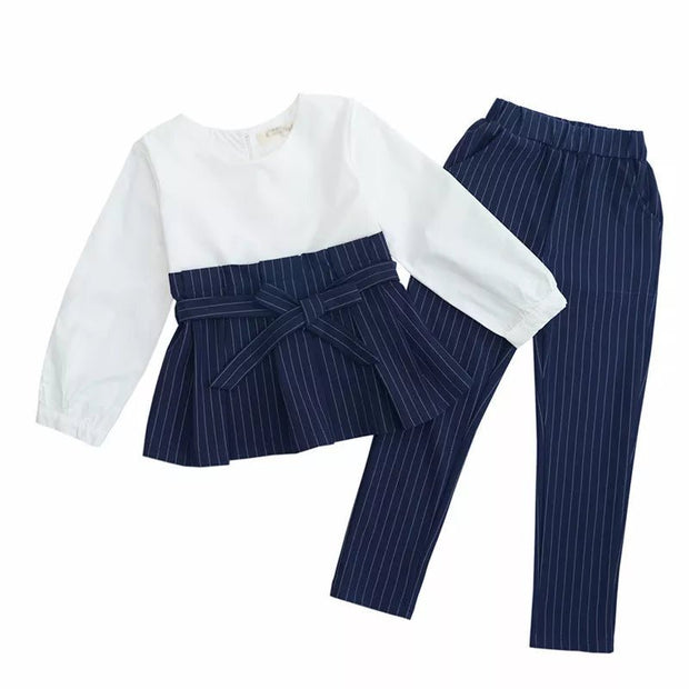 2024 Spring School Kids Set Striped Outfits Top Shirts & Pants Suits Girl Clothing Sets Patchwork Teen Clothes For Girls Autumn - Street Rider Apparel