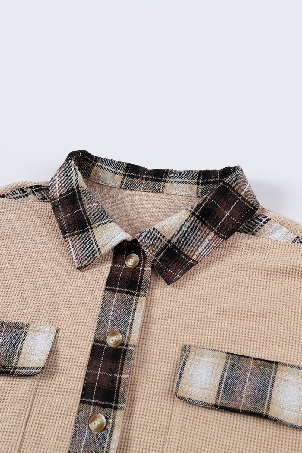 Apricot Plaid and Thermal Waffle Patchwork Shacket - Street Rider Apparel