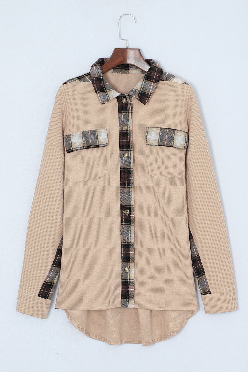 Apricot Plaid and Thermal Waffle Patchwork Shacket - Street Rider Apparel