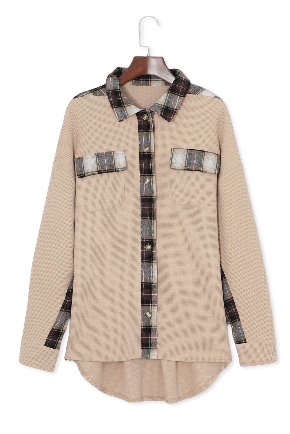 Apricot Plaid and Thermal Waffle Patchwork Shacket - Street Rider Apparel