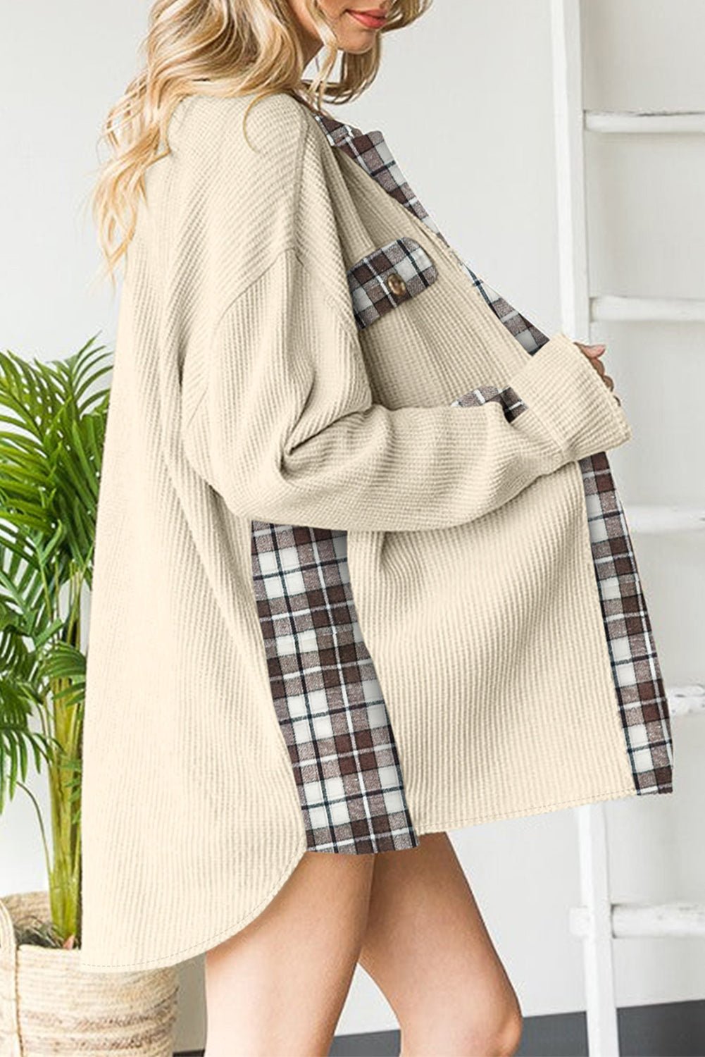 Apricot Plaid and Thermal Waffle Patchwork Shacket - Street Rider Apparel