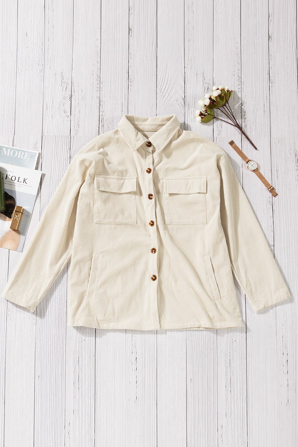 Beige Button Up Patch Pocket Corduroy Shacket - Street Rider Apparel