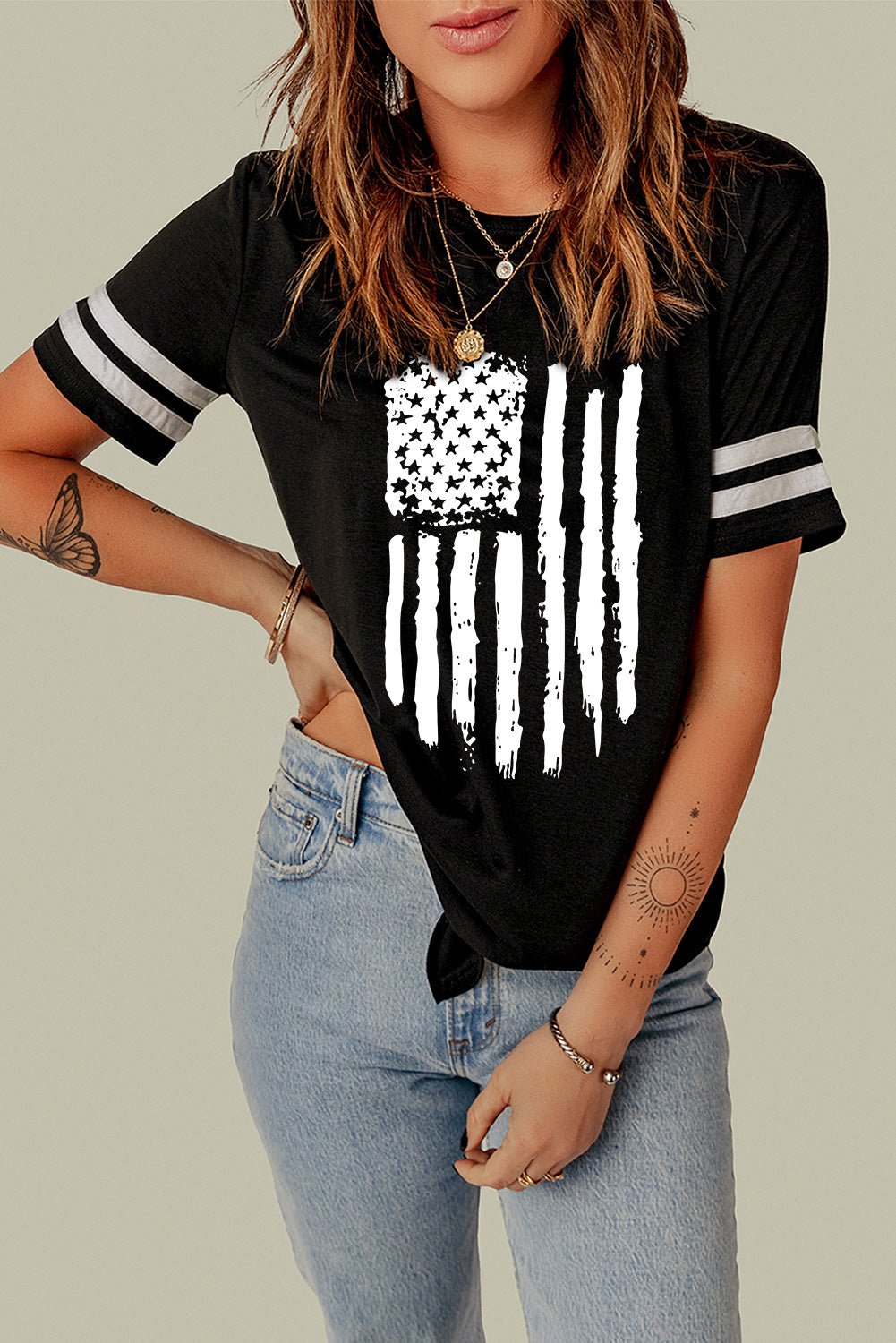 Black American Flag Graphic Striped Sleeve Knot Hem T Shirt - Street Rider Apparel