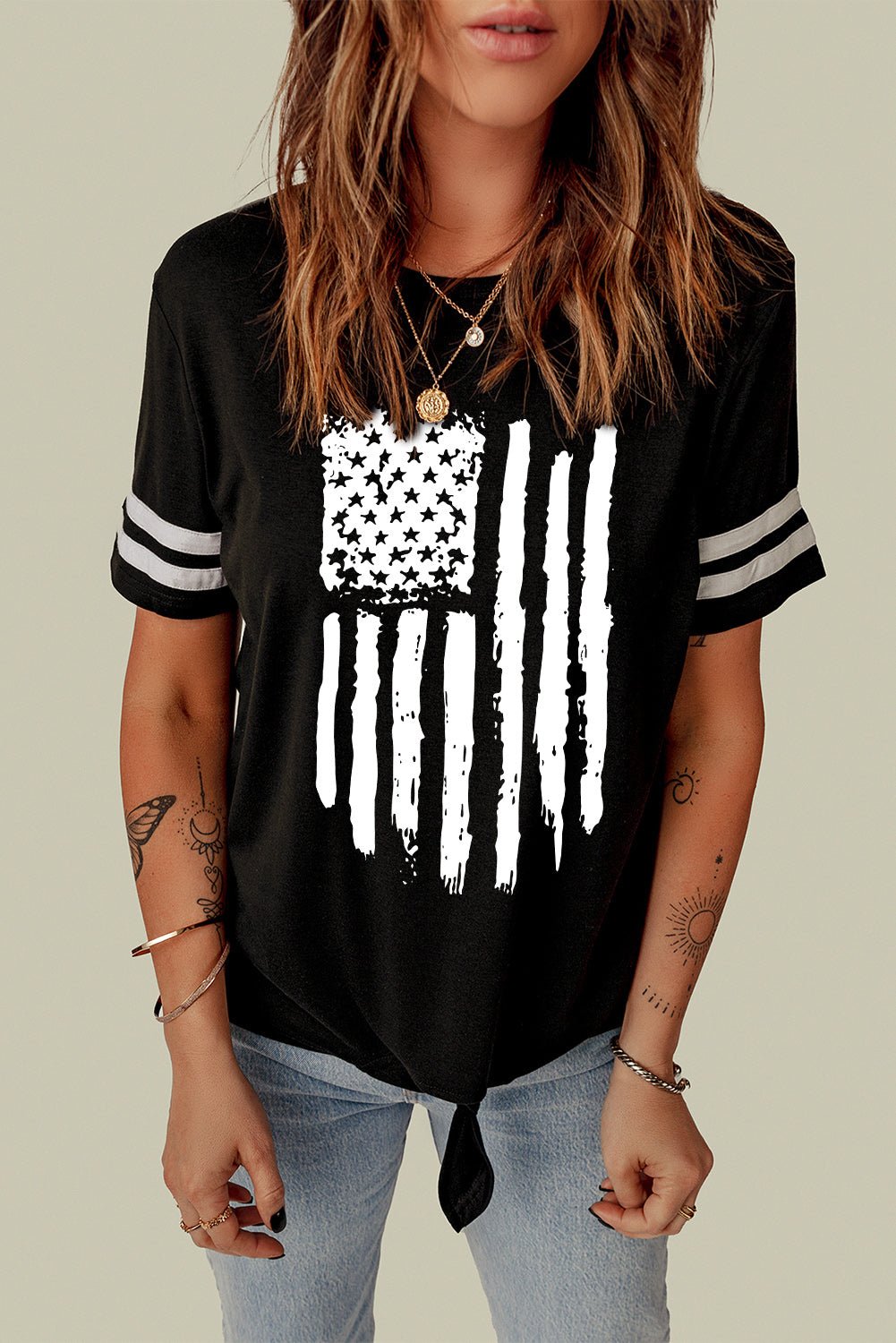 Black American Flag Graphic Striped Sleeve Knot Hem T Shirt - Street Rider Apparel