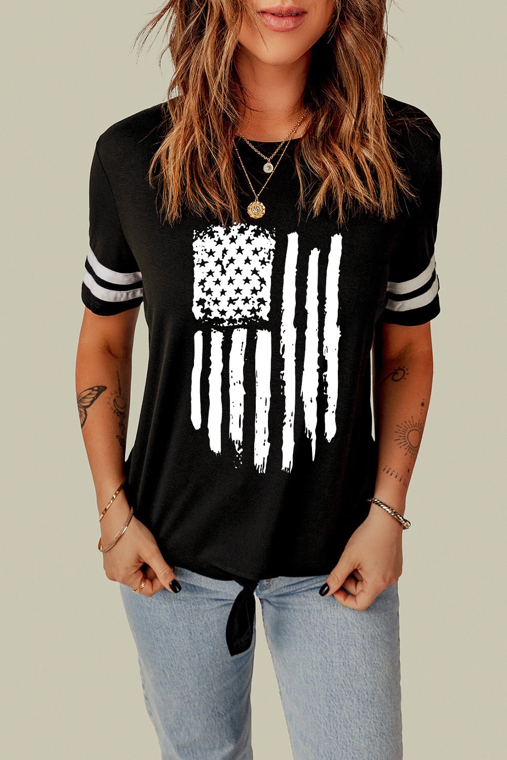 Black American Flag Graphic Striped Sleeve Knot Hem T Shirt - Street Rider Apparel