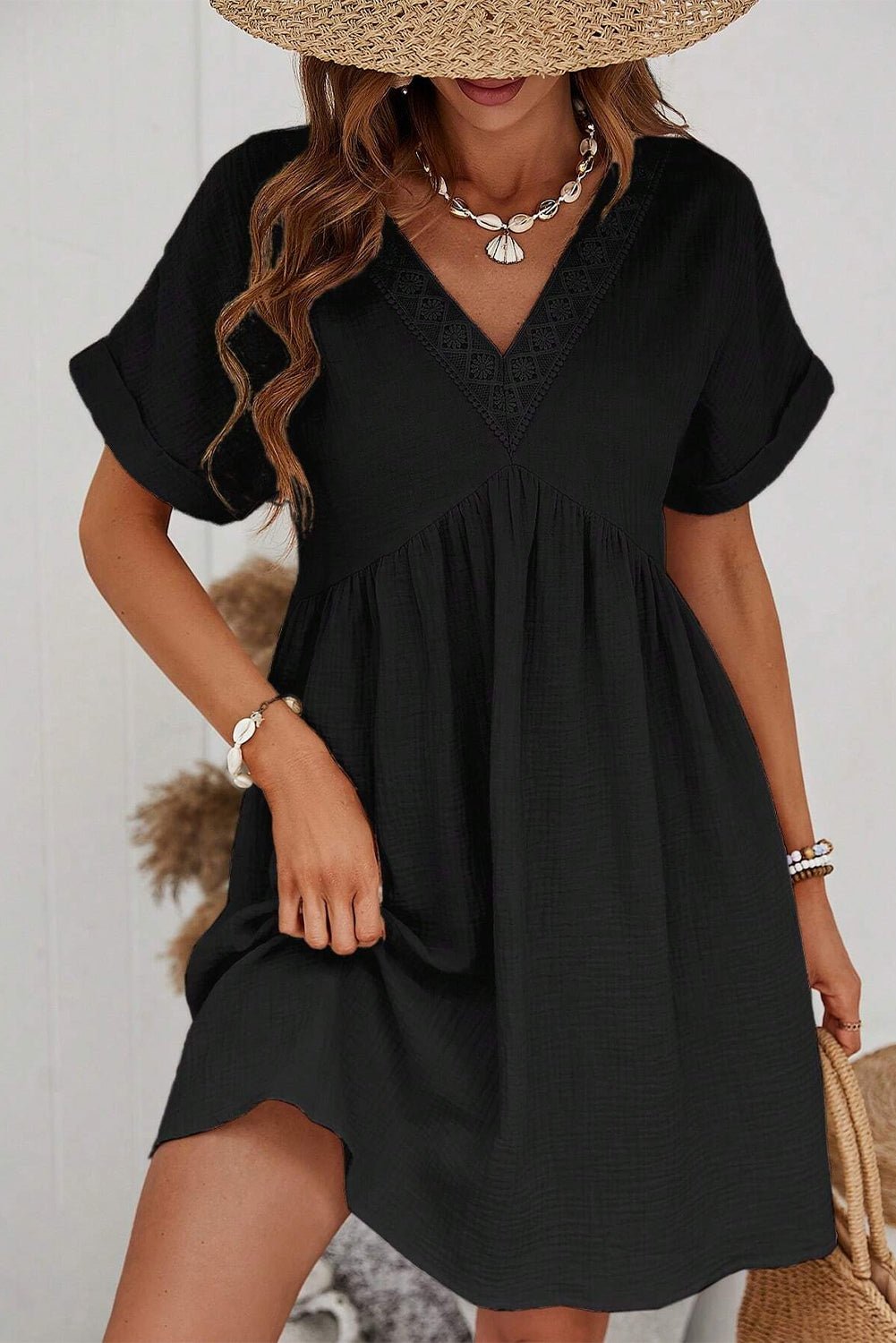 Black Folded Short Sleeve Lace V Neck Mini Dress - Street Rider Apparel