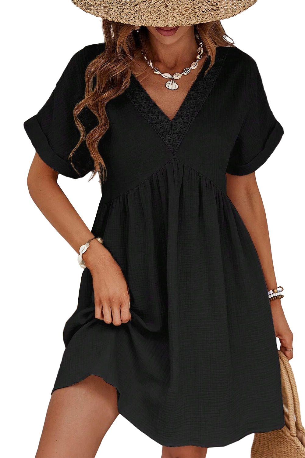 Black Folded Short Sleeve Lace V Neck Mini Dress - Street Rider Apparel