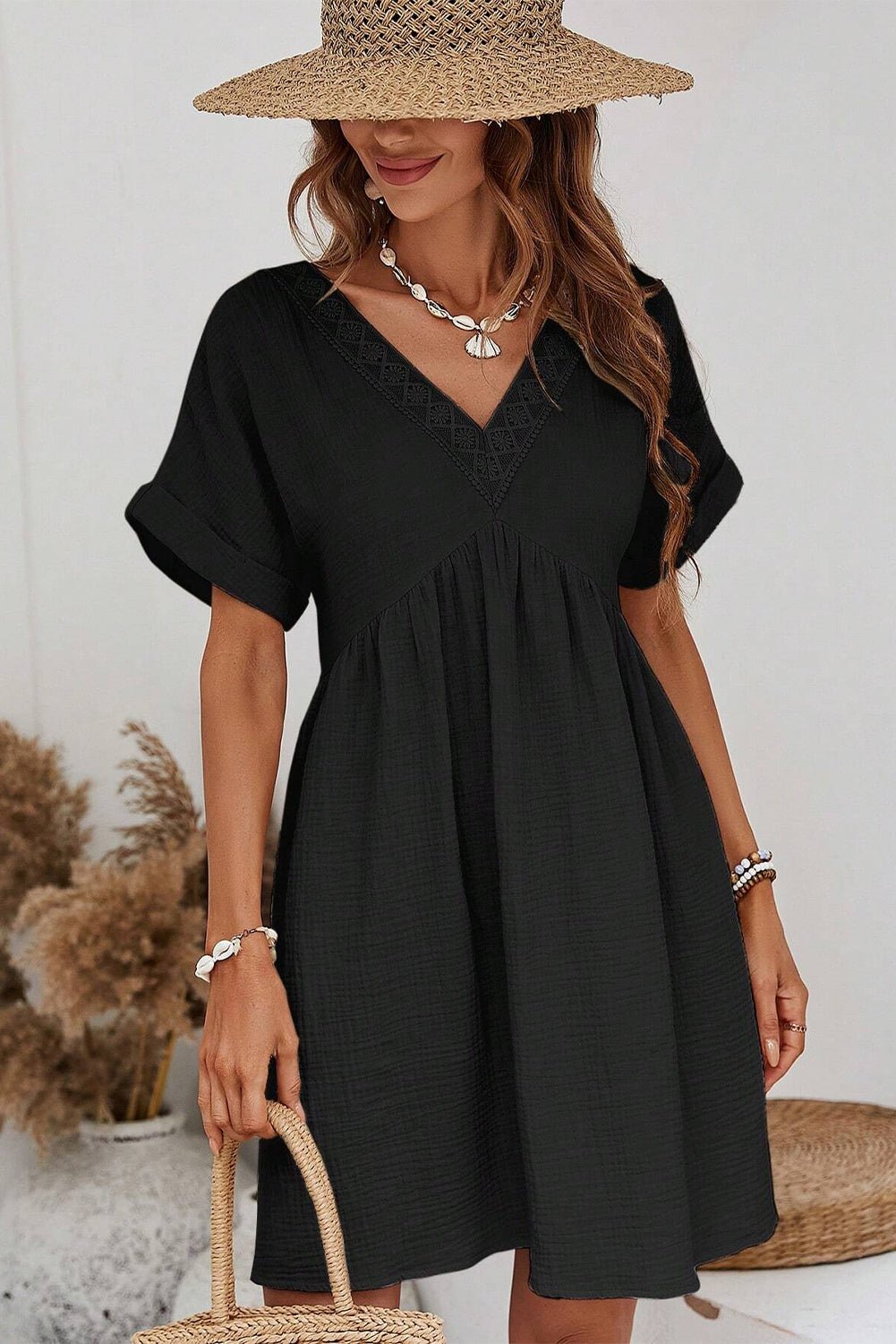 Black Folded Short Sleeve Lace V Neck Mini Dress - Street Rider Apparel