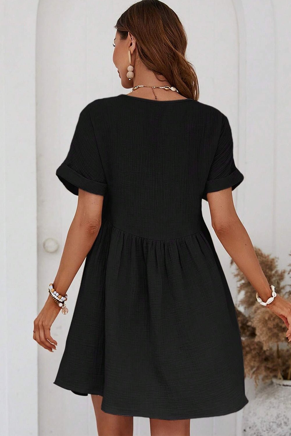 Black Folded Short Sleeve Lace V Neck Mini Dress - Street Rider Apparel