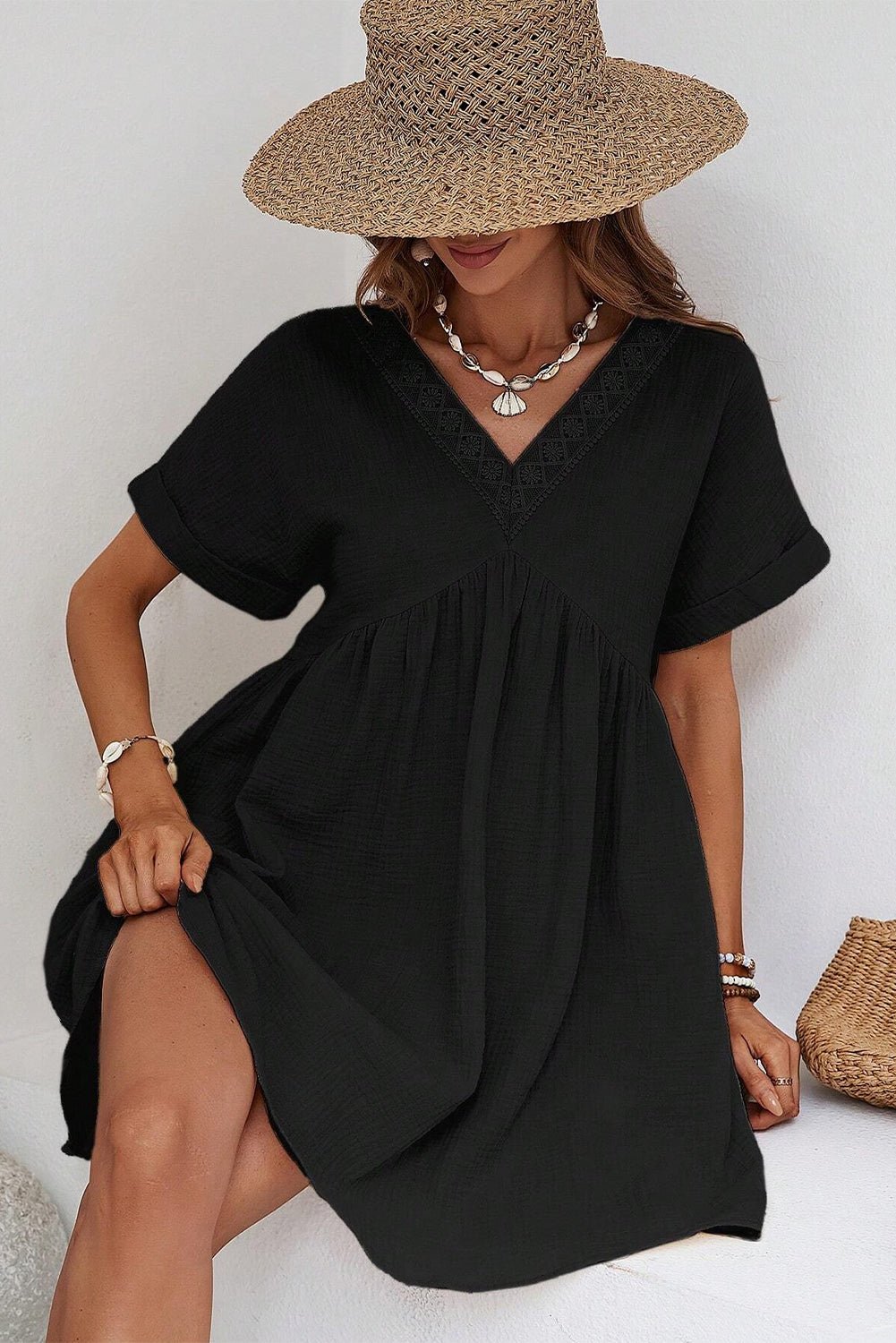 Black Folded Short Sleeve Lace V Neck Mini Dress - Street Rider Apparel