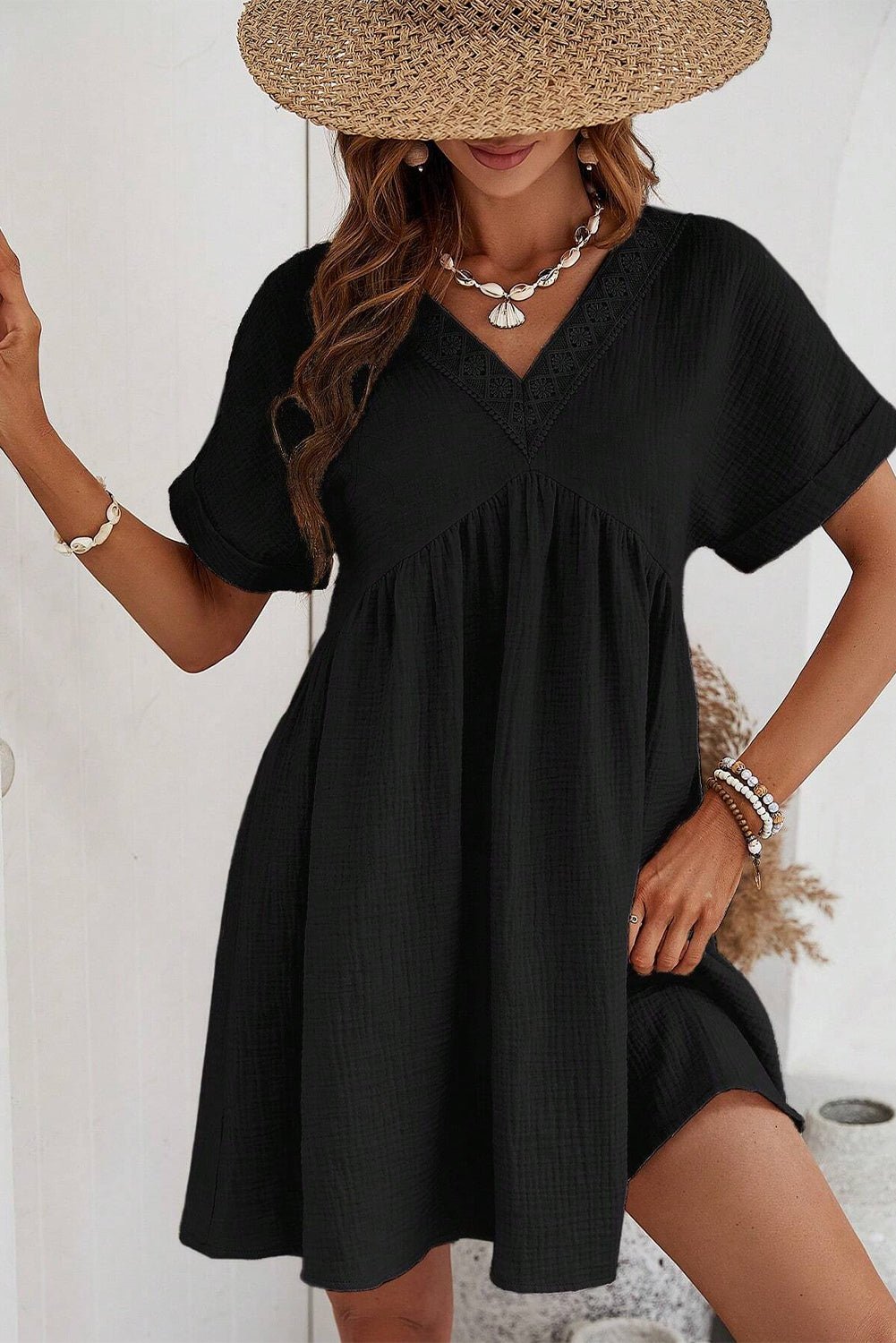 Black Folded Short Sleeve Lace V Neck Mini Dress - Street Rider Apparel