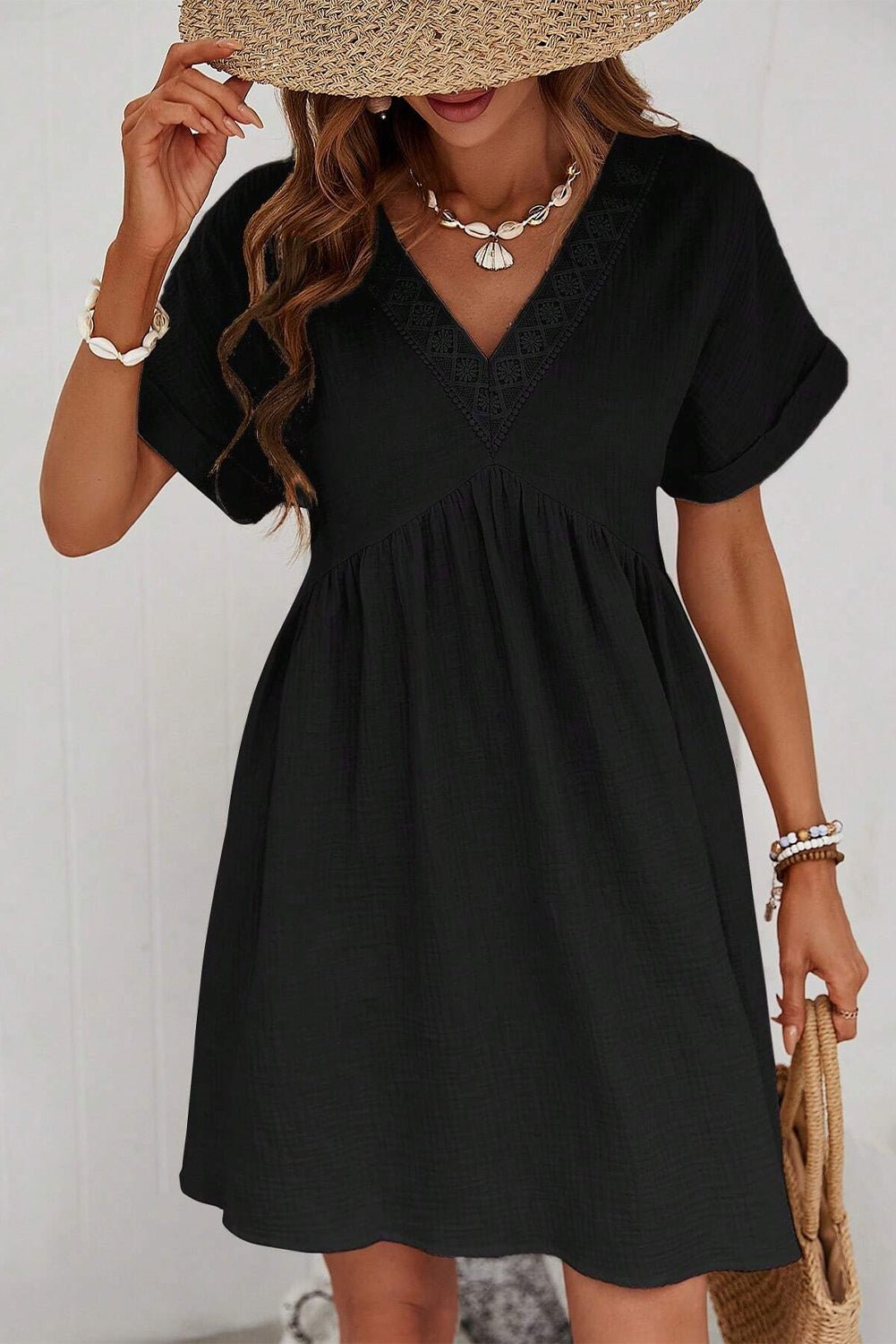 Black Folded Short Sleeve Lace V Neck Mini Dress - Street Rider Apparel