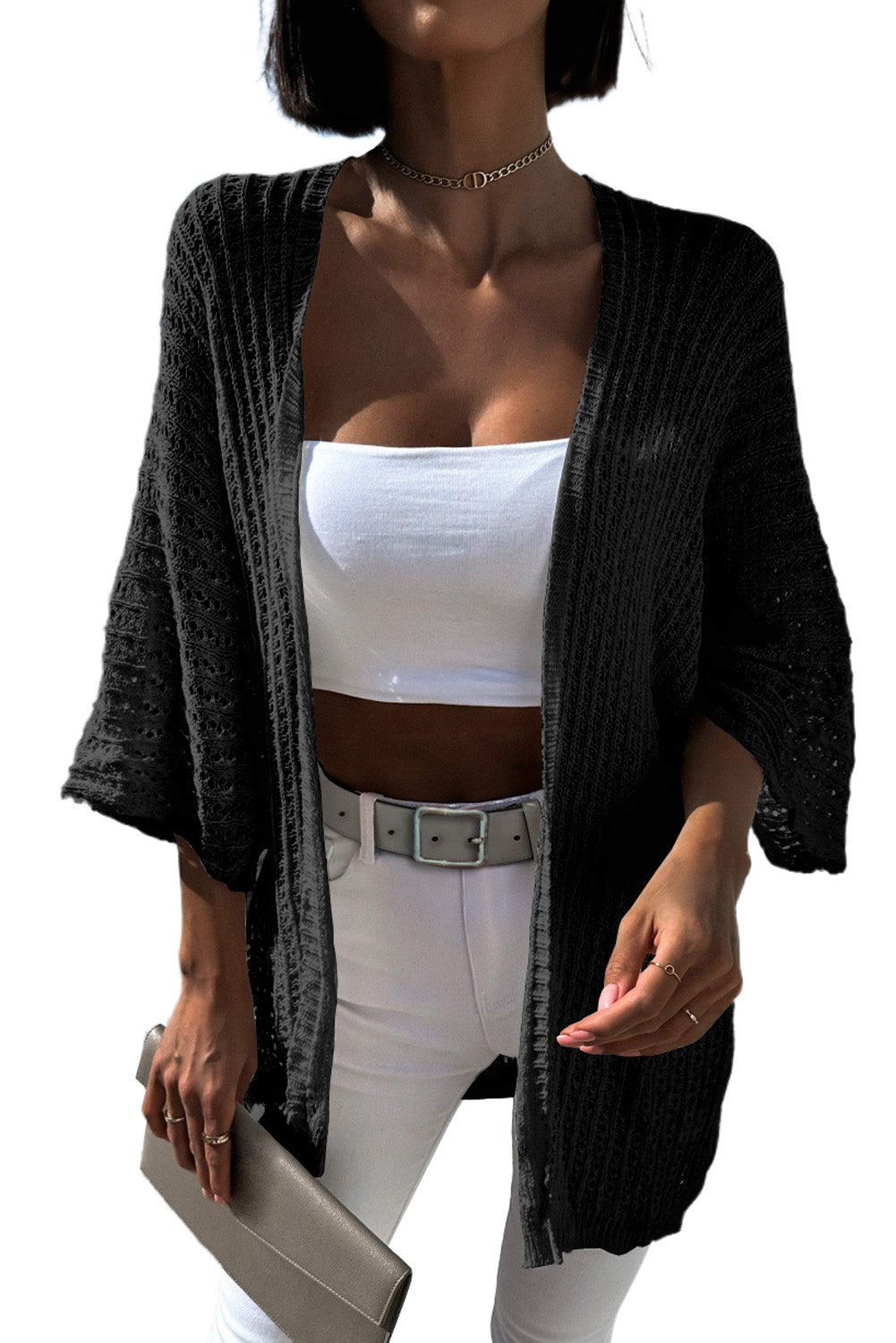 Black Hollow-out Bracelet Sleeve Knit Cardigan - Street Rider Apparel