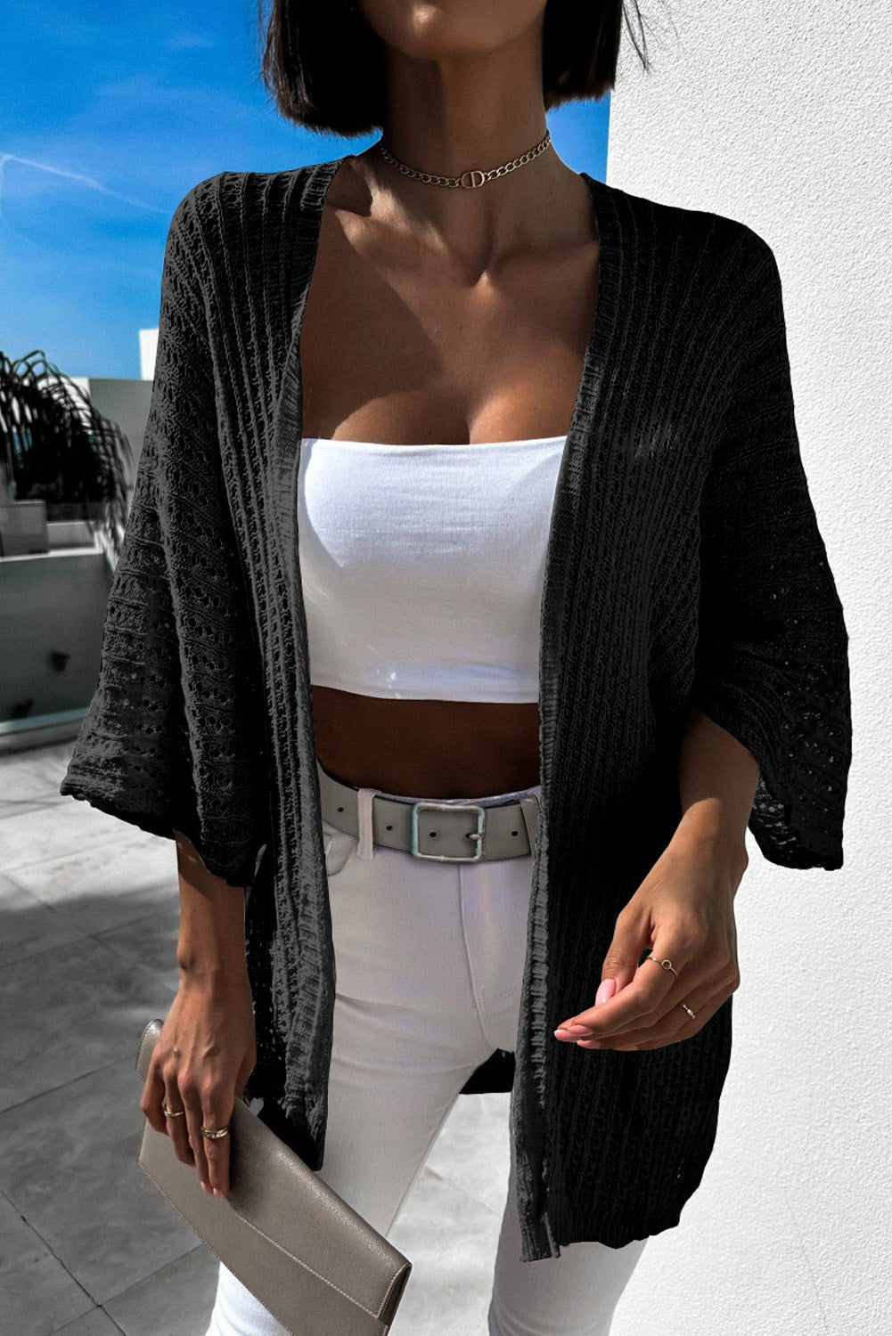 Black Hollow-out Bracelet Sleeve Knit Cardigan - Street Rider Apparel