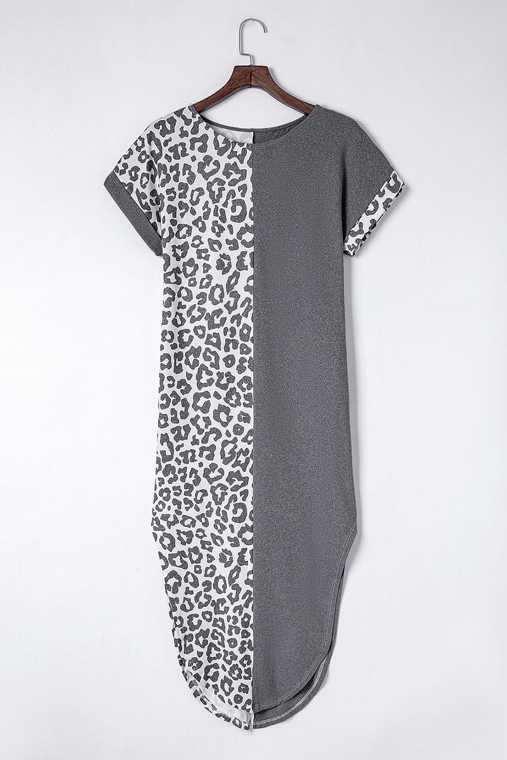 Black Leopard Patchwork Casual T-Shirt Dress With Slits - Street Rider Apparel