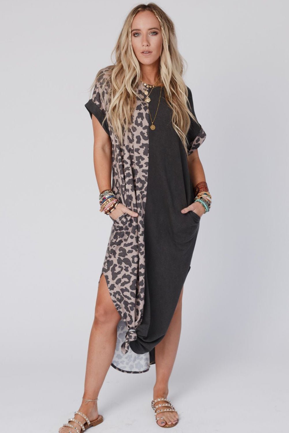 Black Leopard Patchwork Casual T-Shirt Dress With Slits - Street Rider Apparel