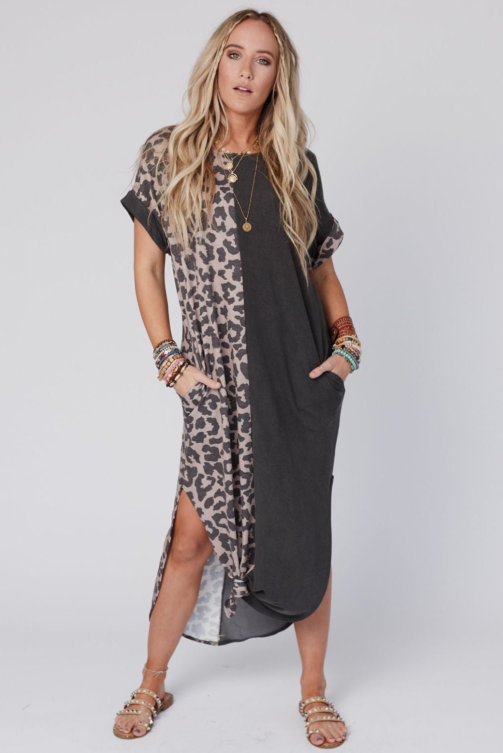 Black Leopard Patchwork Casual T-Shirt Dress With Slits - Street Rider Apparel