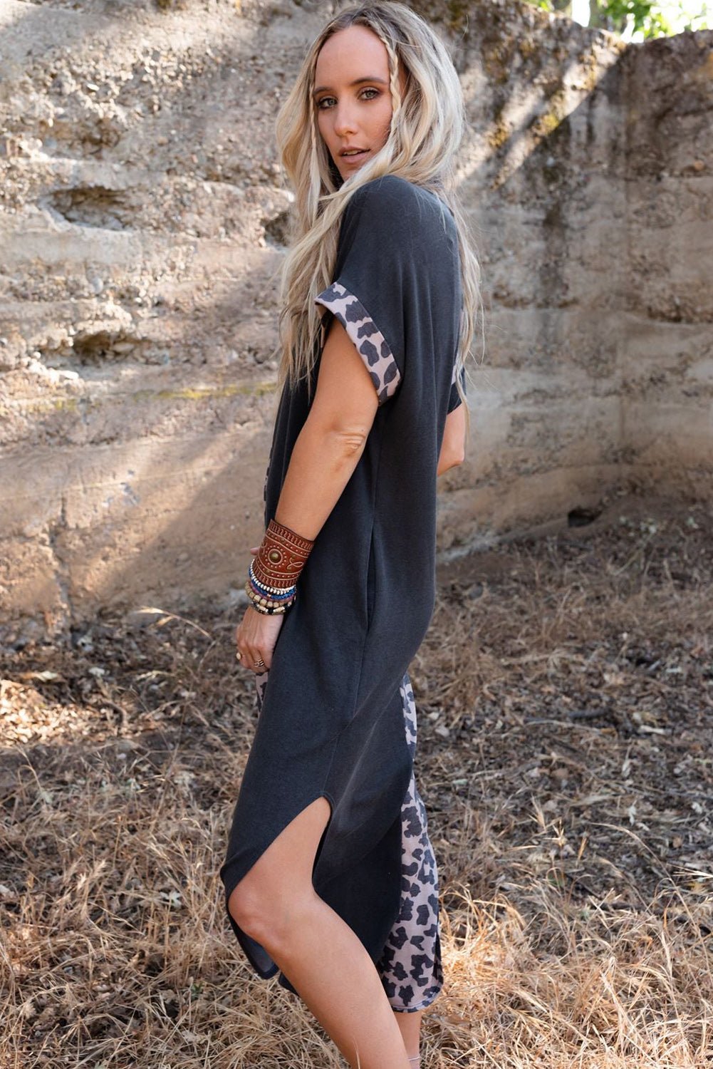 Black Leopard Patchwork Casual T-Shirt Dress With Slits - Street Rider Apparel