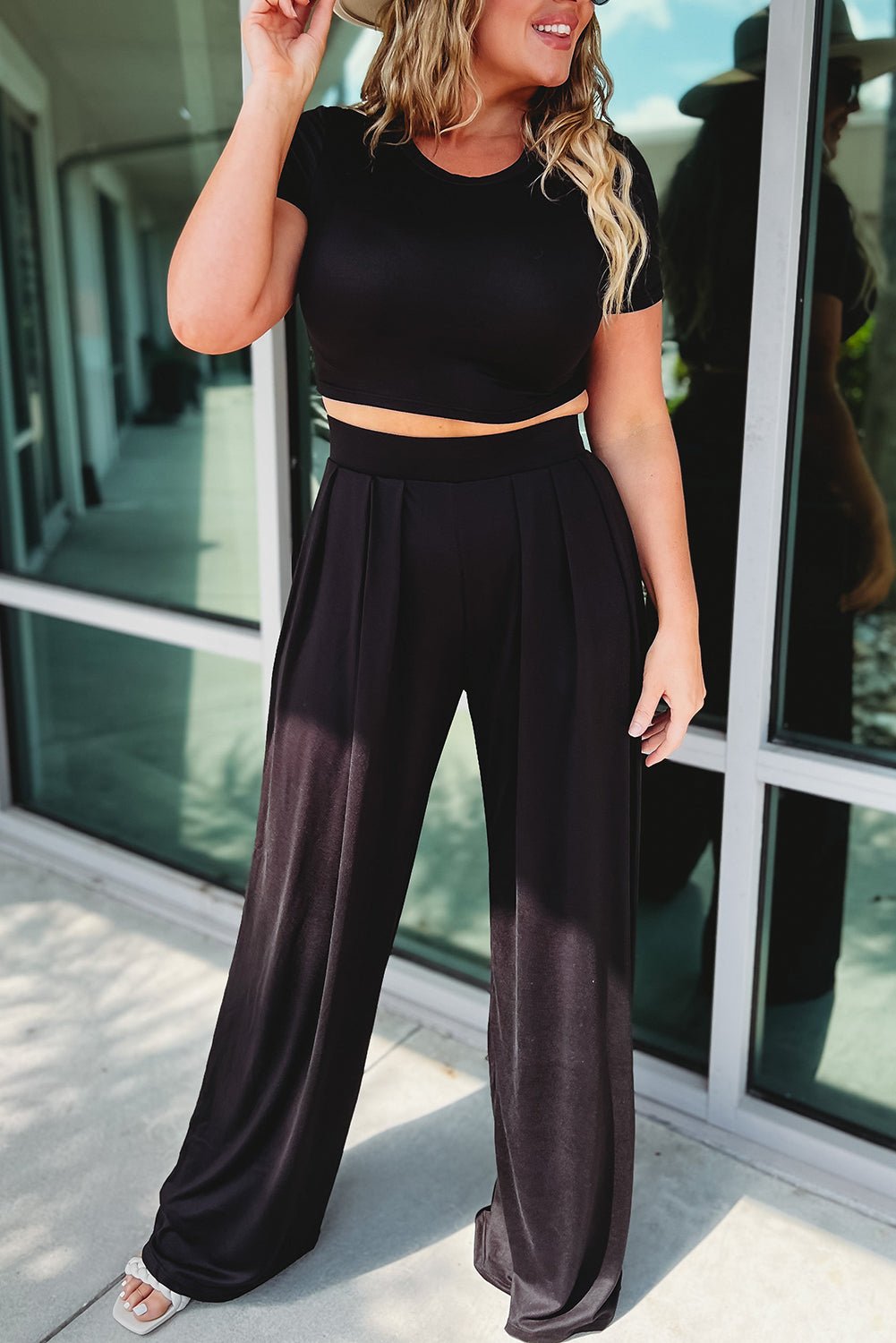 Black Plus Size Crop T-Shirt and Pleated Wide Leg Pants Set - Street Rider Apparel