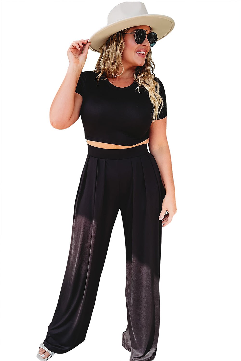 Black Plus Size Crop T-Shirt and Pleated Wide Leg Pants Set - Street Rider Apparel