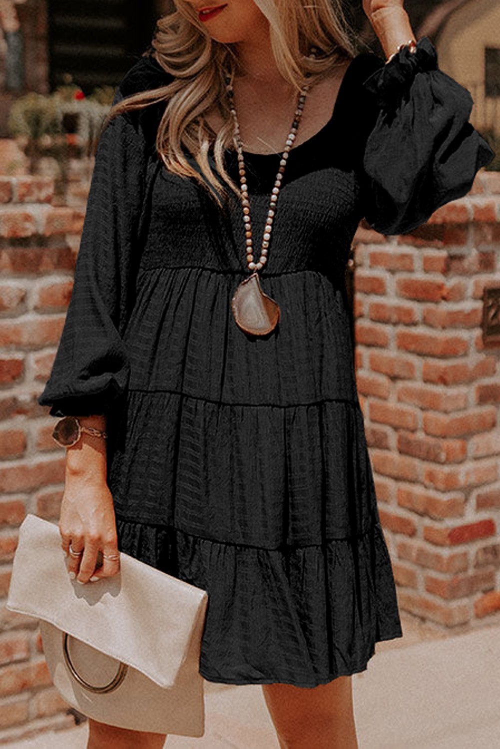 Black Puff Sleeve Smocked Tiered Short Dress - Street Rider Apparel