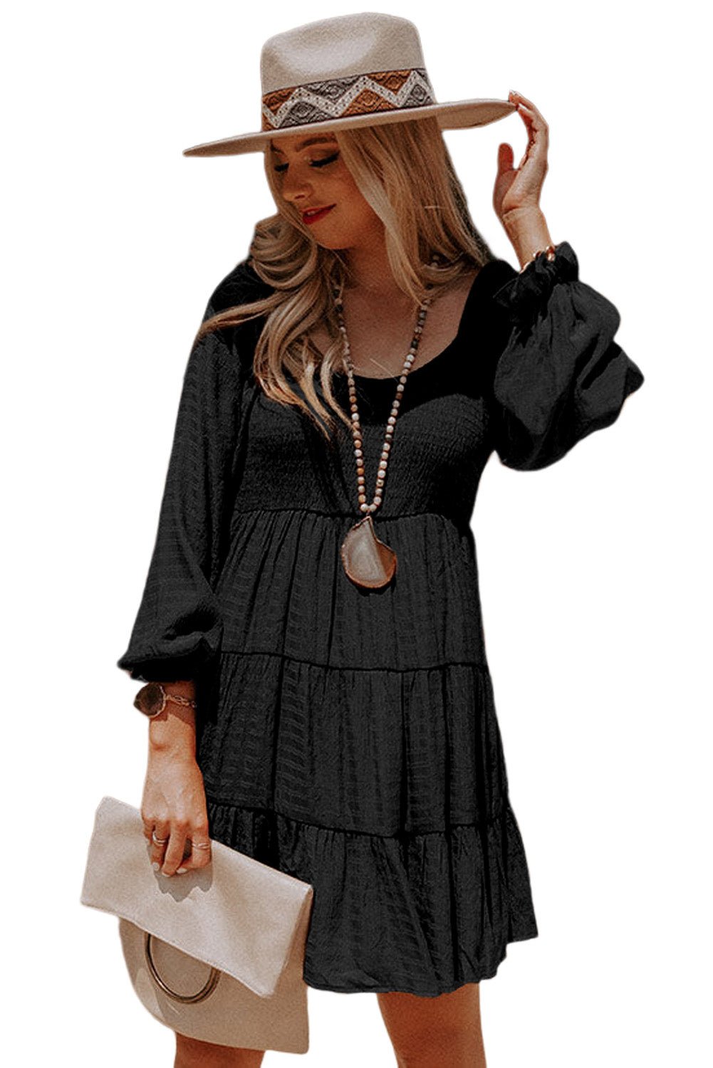 Black Puff Sleeve Smocked Tiered Short Dress - Street Rider Apparel