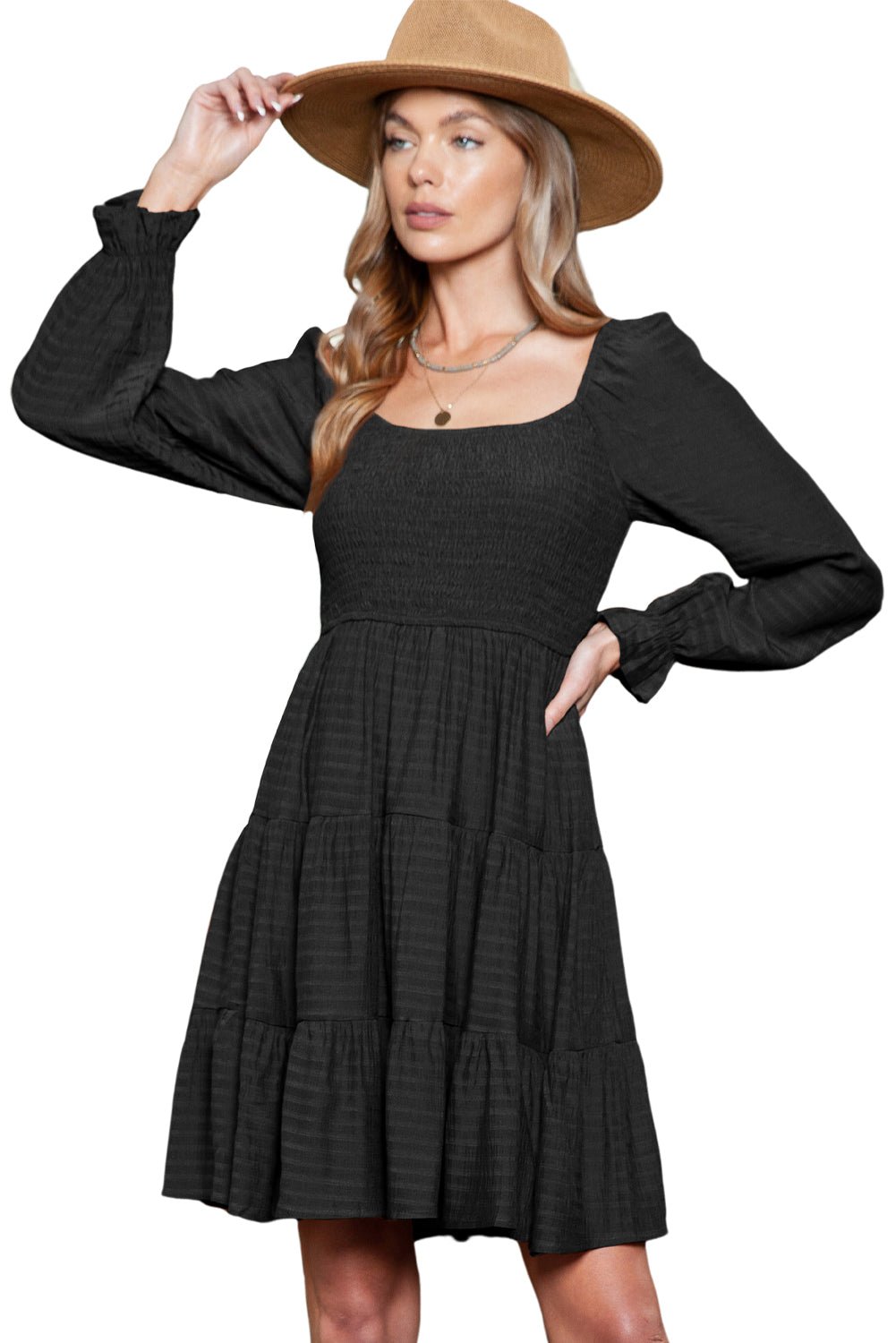 Black Puff Sleeve Smocked Tiered Short Dress - Street Rider Apparel