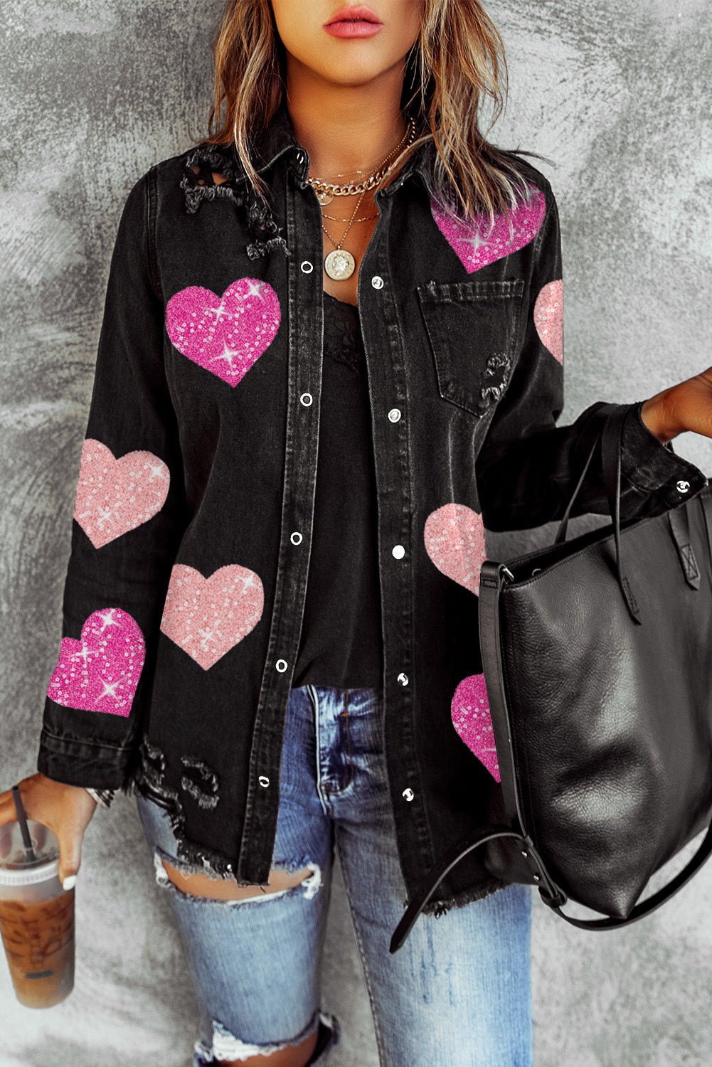 Black Ripped Denim Sequin Heart Graphic Jacket - Street Rider Apparel