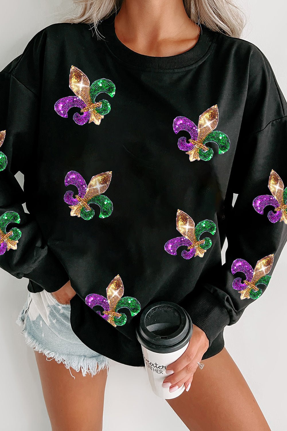 Black Sequin MARDI GRAS Graphic Pullover Sweatshirt - Street Rider Apparel