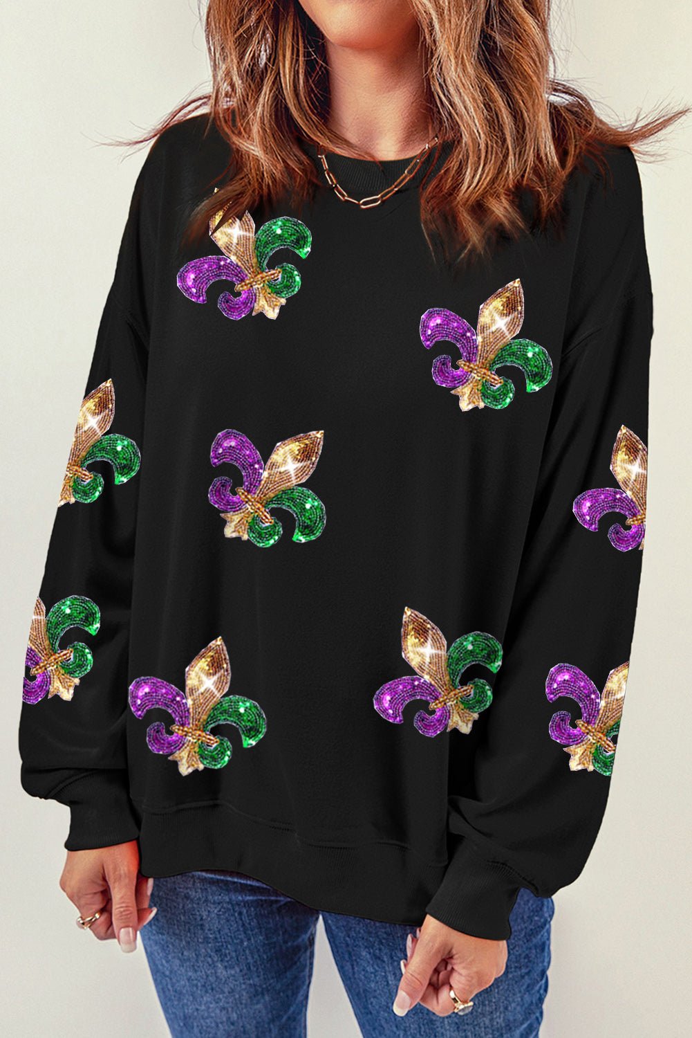 Black Sequin MARDI GRAS Graphic Pullover Sweatshirt - Street Rider Apparel