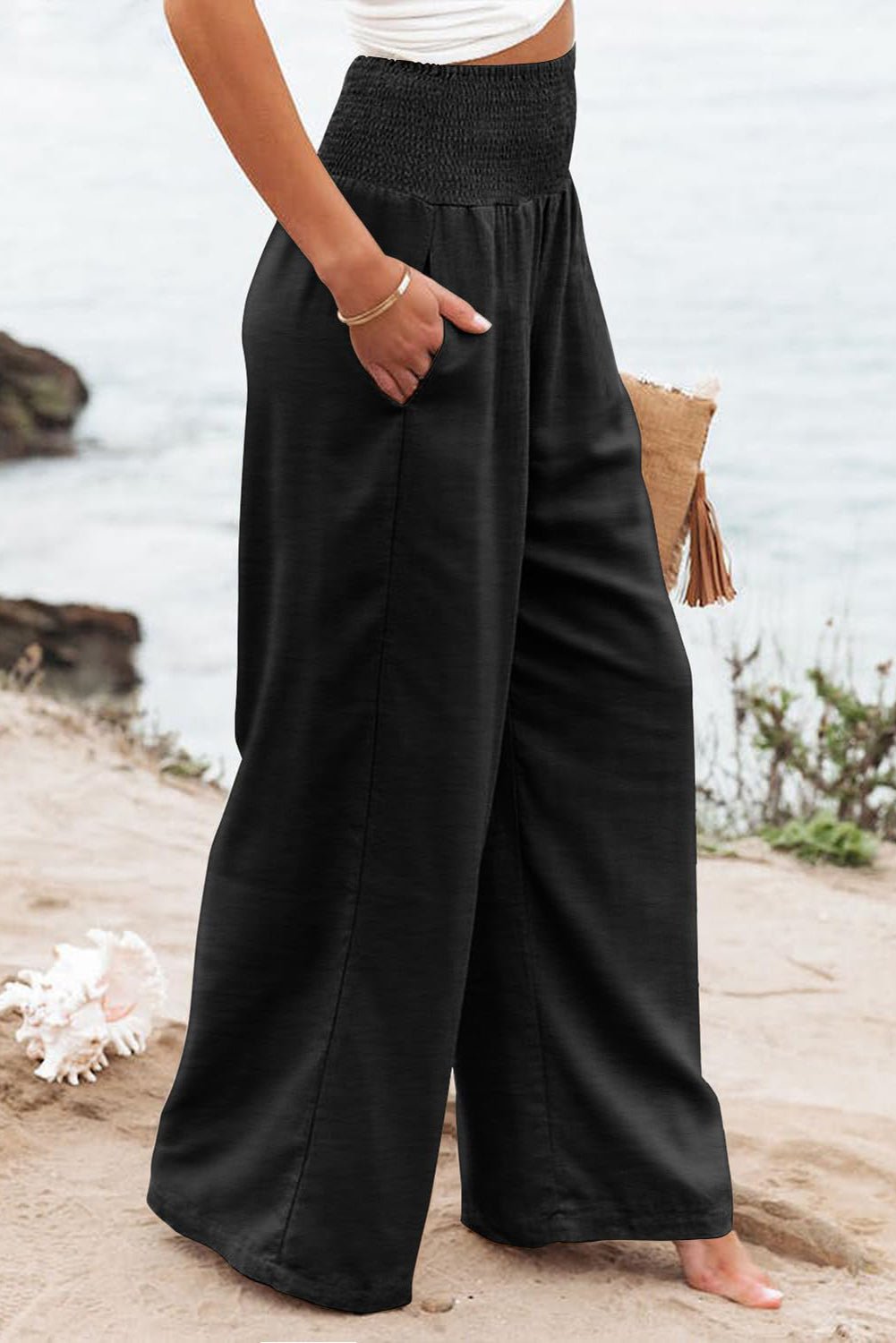 Black Shirred High Waist Plus Size Wide Leg Pants - Street Rider Apparel