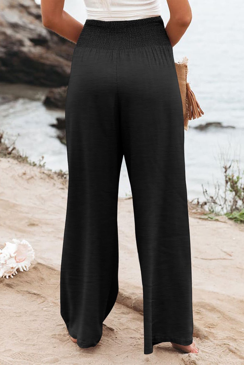 Black Shirred High Waist Plus Size Wide Leg Pants - Street Rider Apparel