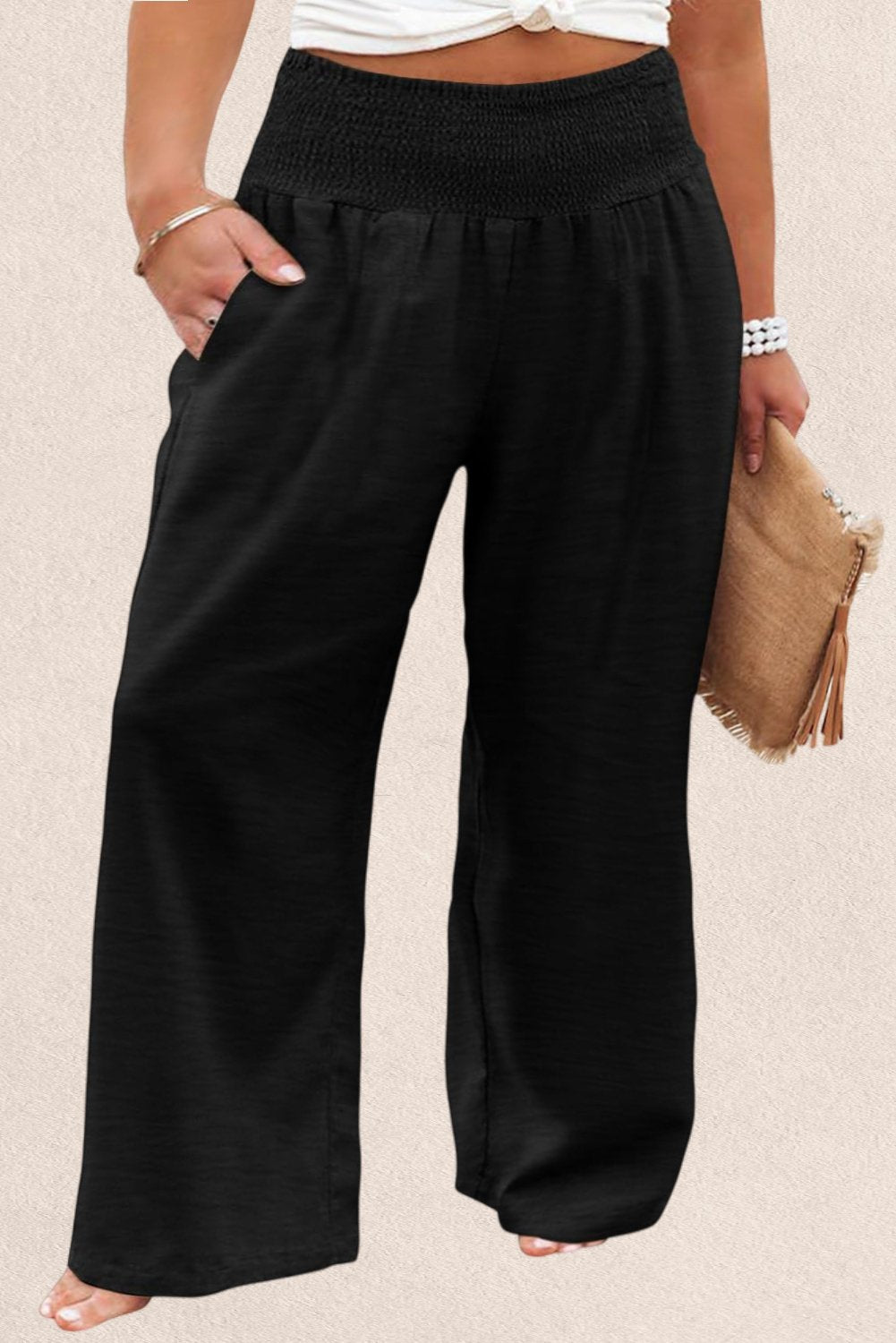 Black Shirred High Waist Plus Size Wide Leg Pants - Street Rider Apparel