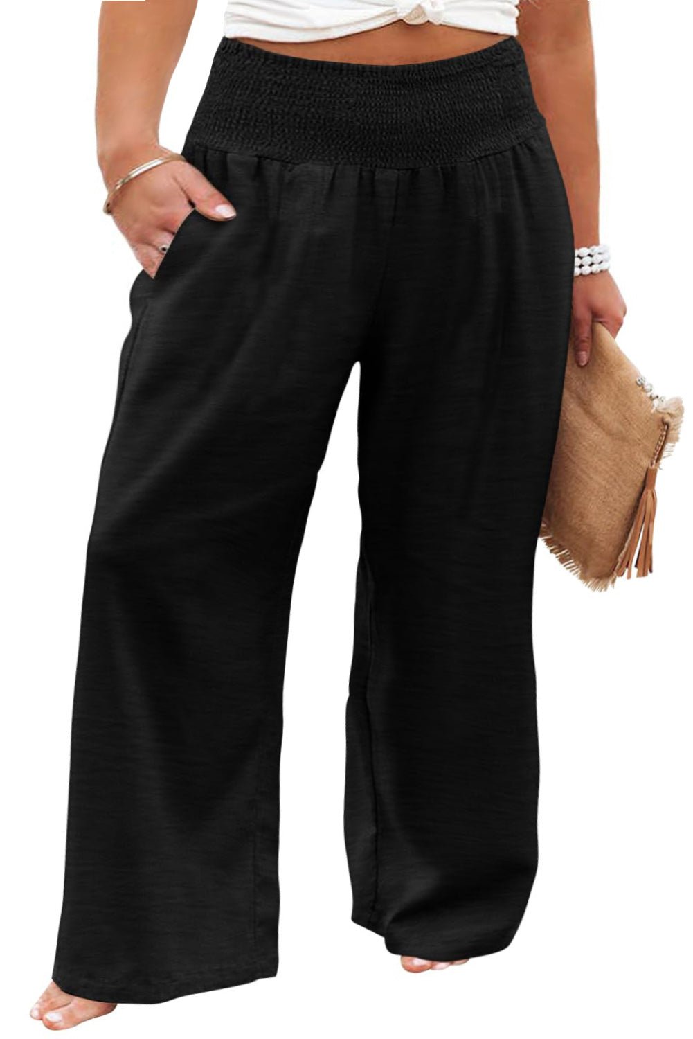 Black Shirred High Waist Plus Size Wide Leg Pants - Street Rider Apparel