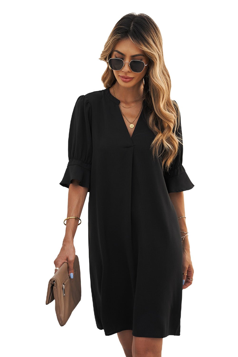 Black Split V Neck Short Sleeve Casual Tunic Dress - Street Rider Apparel