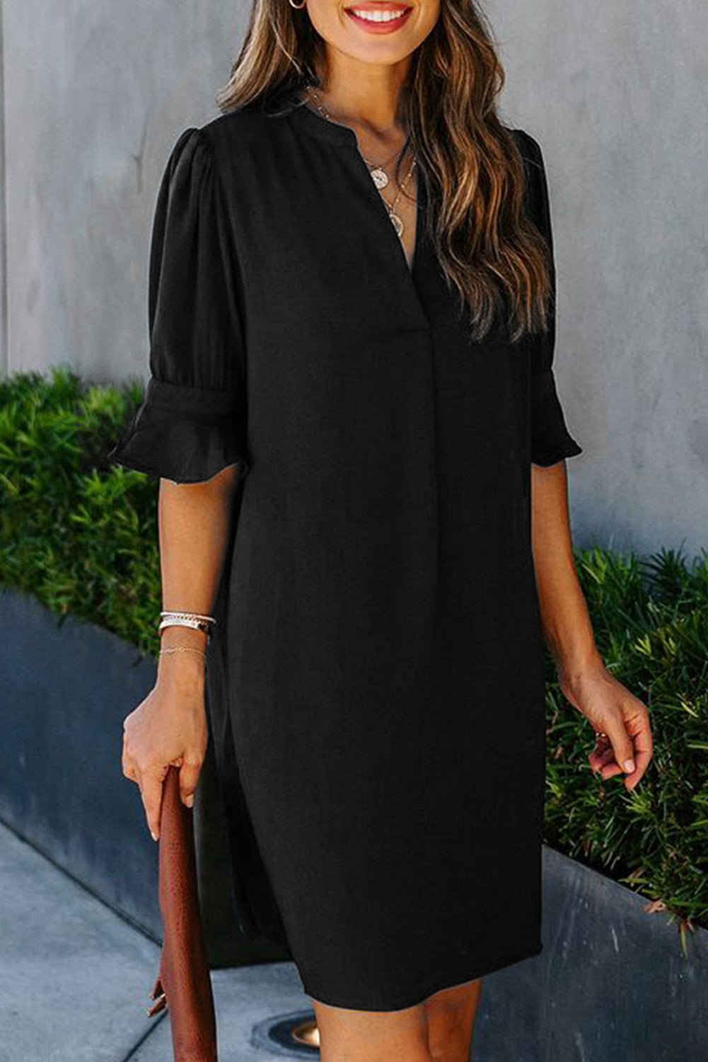 Black Split V Neck Short Sleeve Casual Tunic Dress - Street Rider Apparel