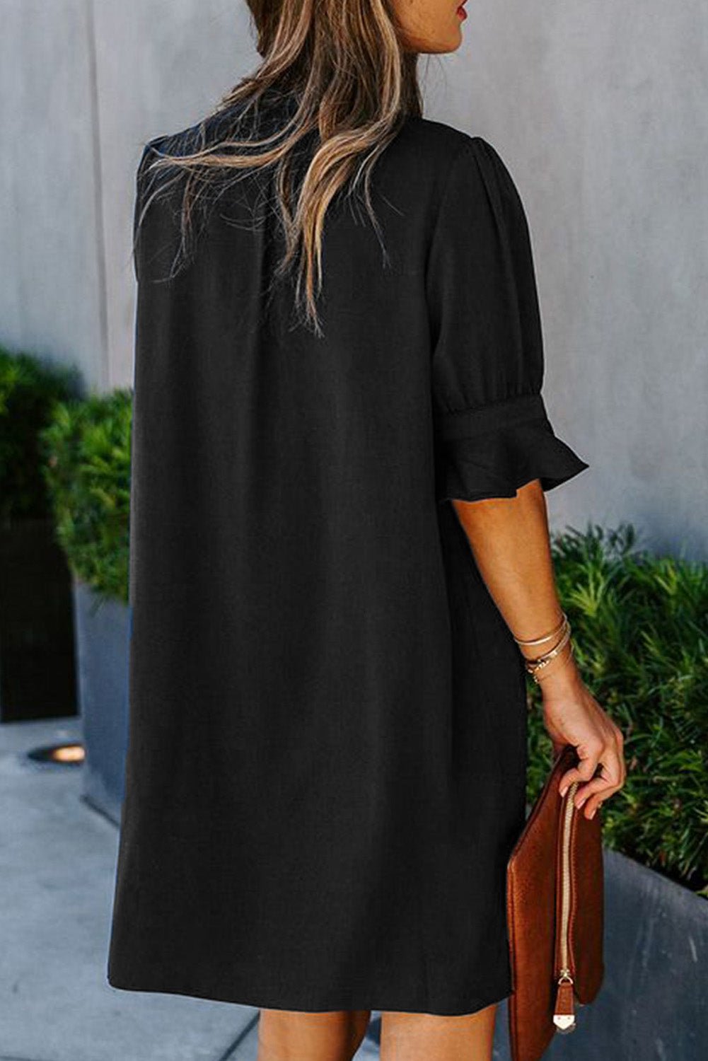 Black Split V Neck Short Sleeve Casual Tunic Dress - Street Rider Apparel