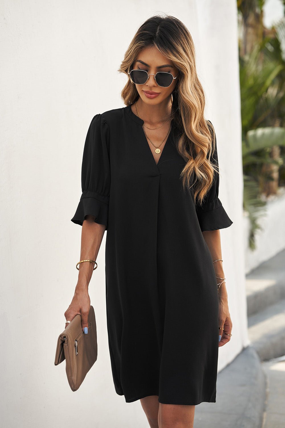 Black Split V Neck Short Sleeve Casual Tunic Dress - Street Rider Apparel