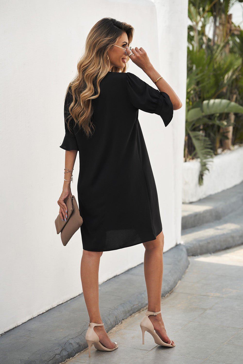 Black Split V Neck Short Sleeve Casual Tunic Dress - Street Rider Apparel