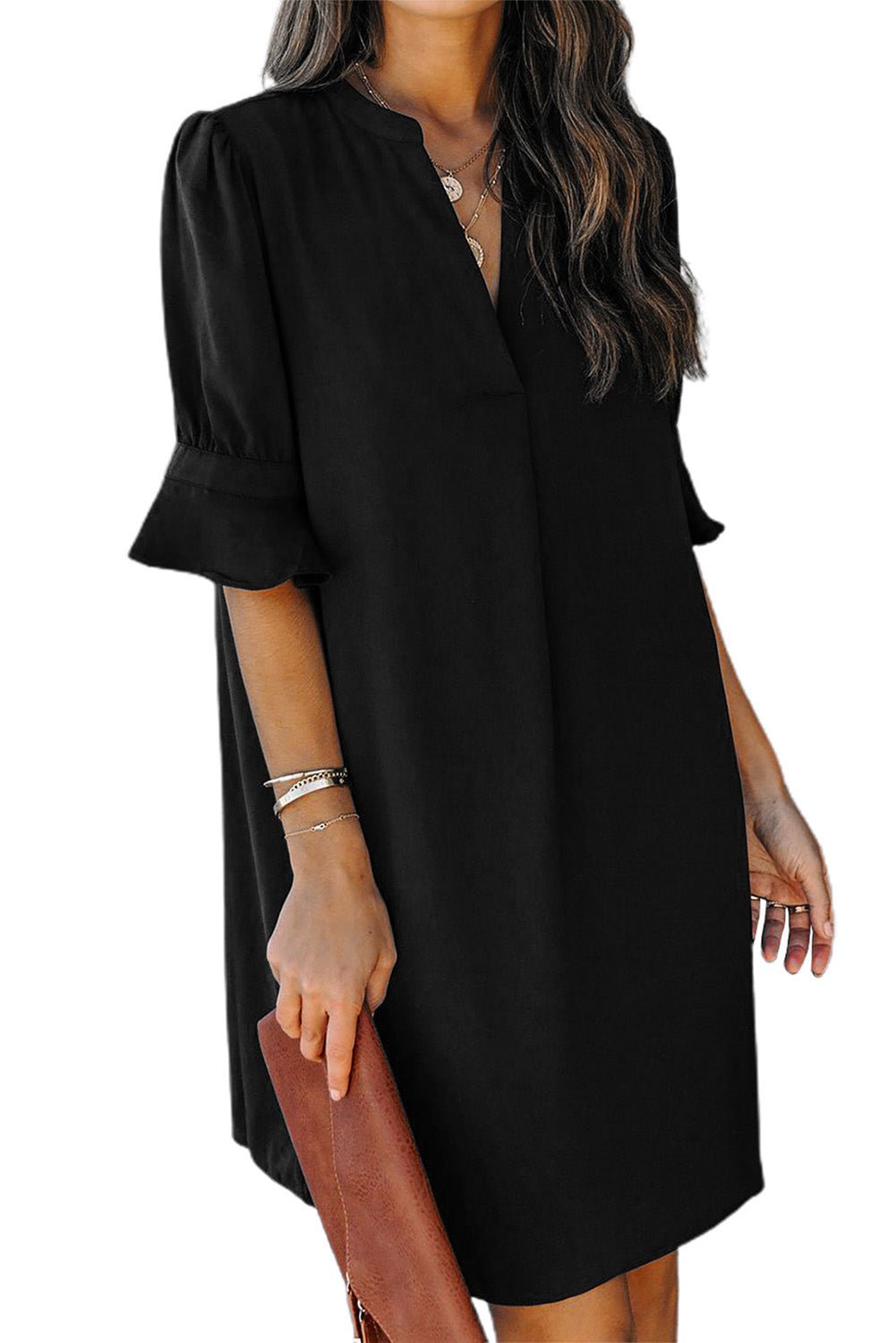 Black Split V Neck Short Sleeve Casual Tunic Dress - Street Rider Apparel