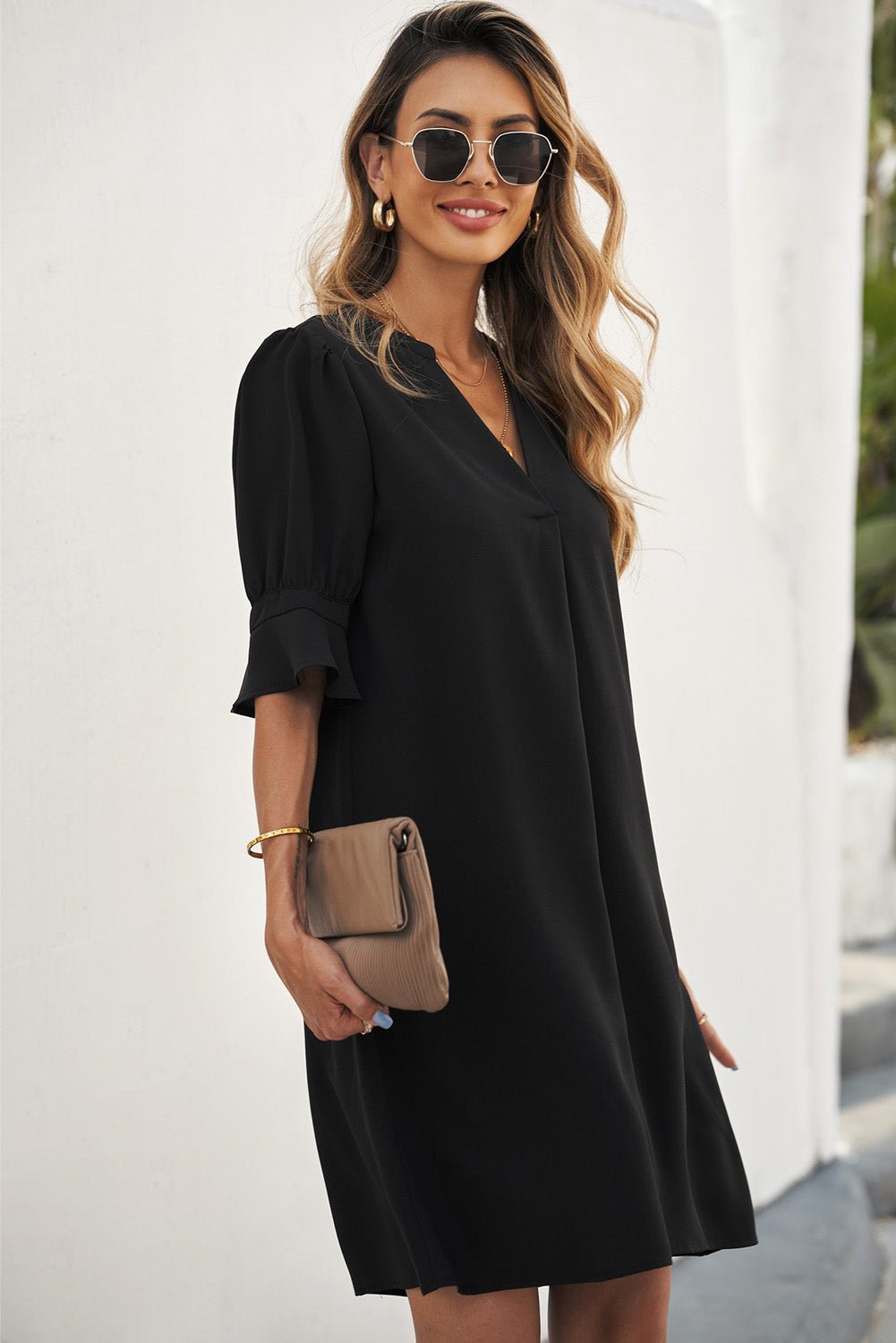 Black Split V Neck Short Sleeve Casual Tunic Dress - Street Rider Apparel