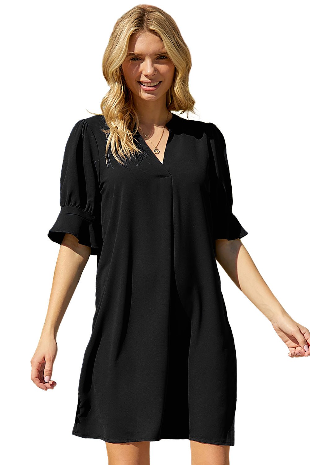 Black Split V Neck Short Sleeve Casual Tunic Dress - Street Rider Apparel