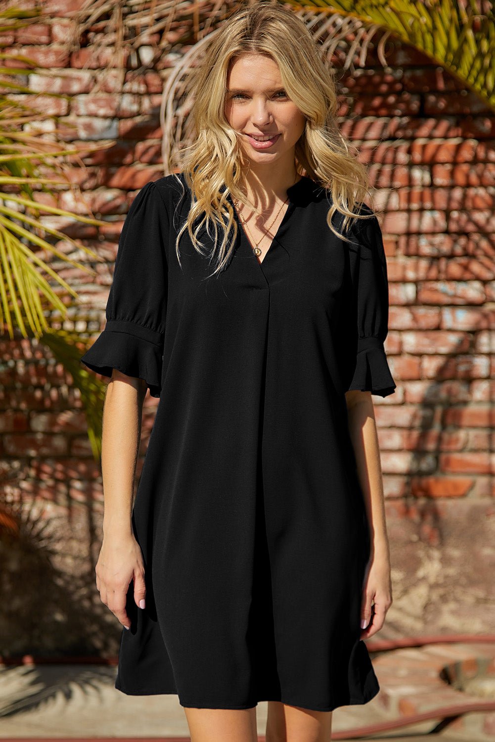 Black Split V Neck Short Sleeve Casual Tunic Dress - Street Rider Apparel