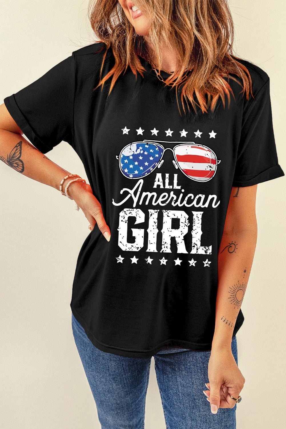 Black Stars and Stripes Glasses Slogan Graphic T Shirt - Street Rider Apparel