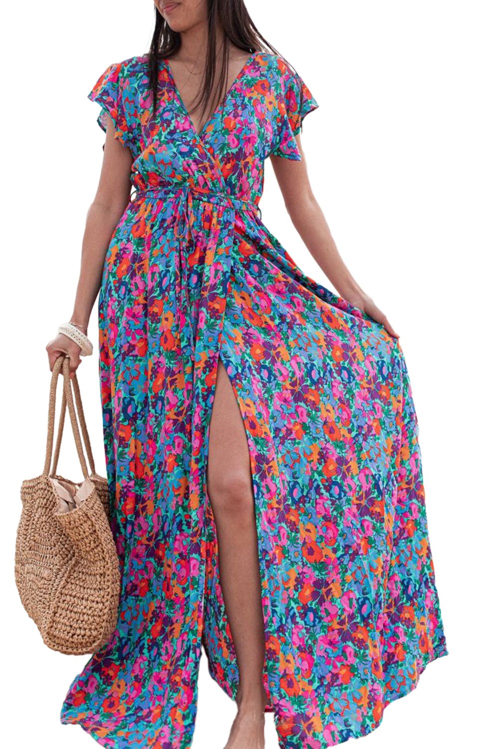 Blue Boho Floral Print V Neck Wrap Split Maxi Dress - Street Rider Apparel