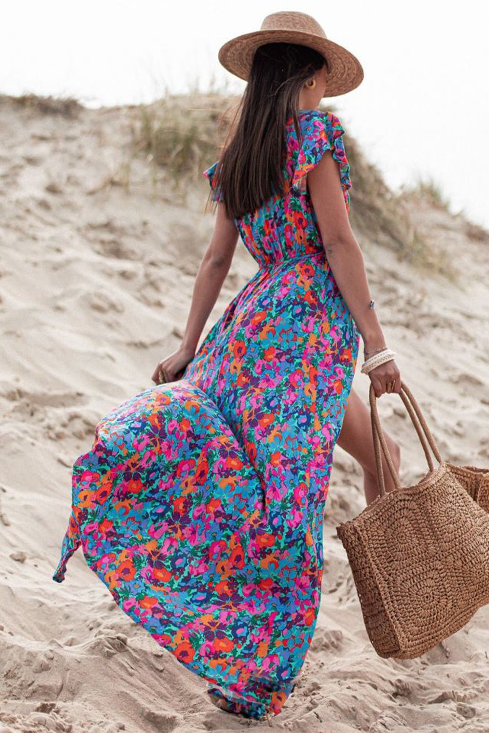 Blue Boho Floral Print V Neck Wrap Split Maxi Dress - Street Rider Apparel