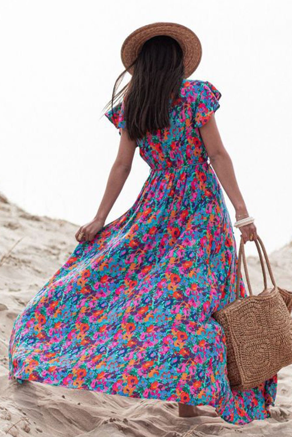 Blue Boho Floral Print V Neck Wrap Split Maxi Dress - Street Rider Apparel