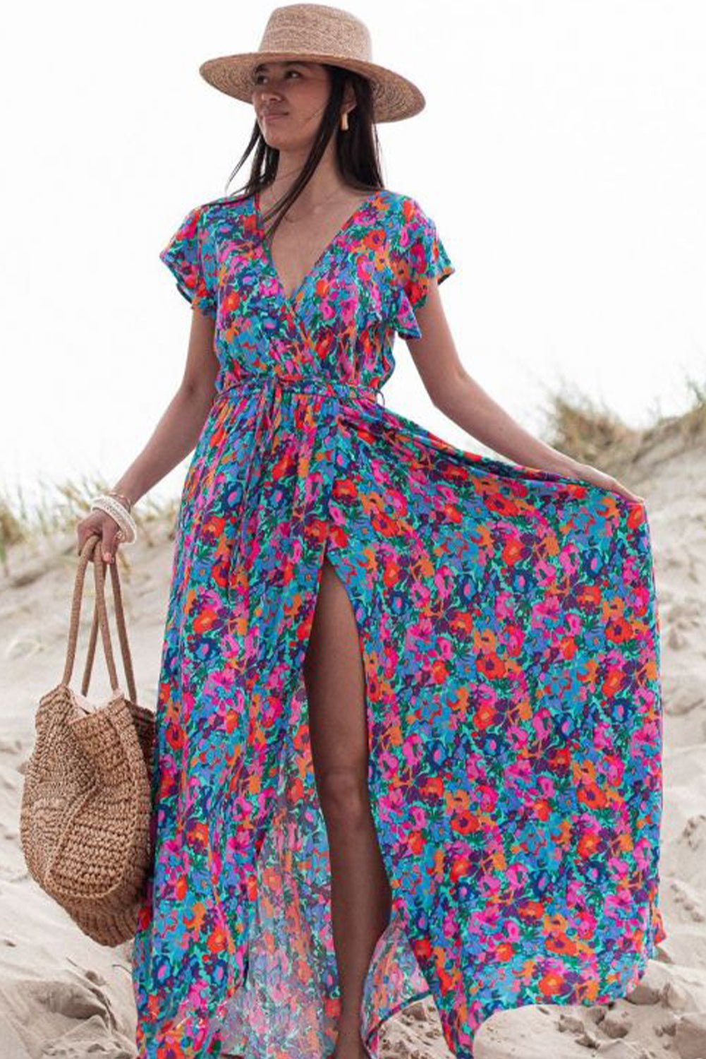 Blue Boho Floral Print V Neck Wrap Split Maxi Dress - Street Rider Apparel