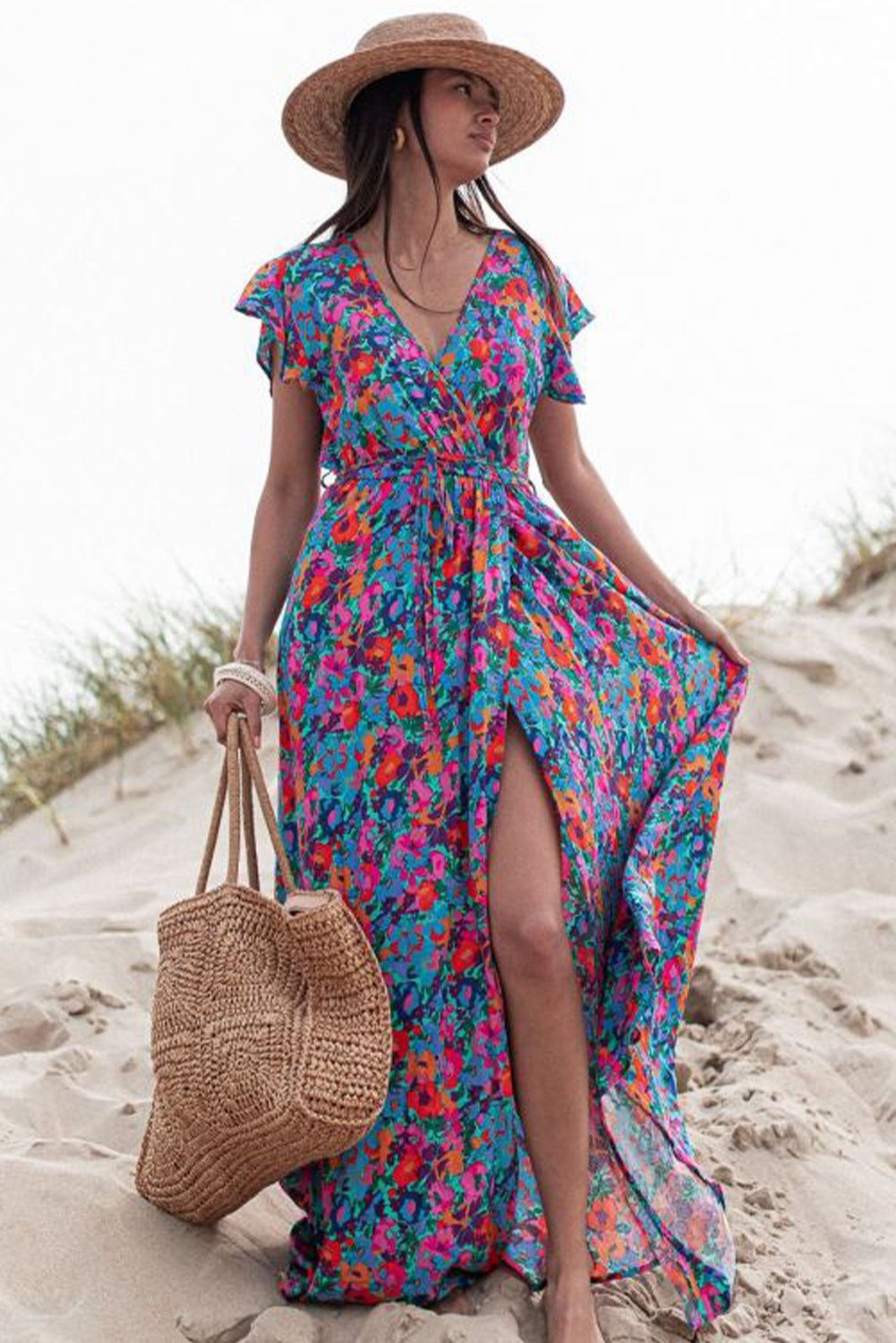 Blue Boho Floral Print V Neck Wrap Split Maxi Dress - Street Rider Apparel