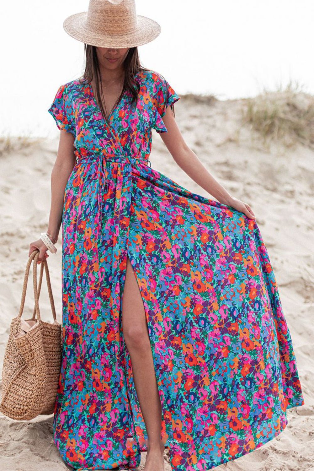 Blue Boho Floral Print V Neck Wrap Split Maxi Dress - Street Rider Apparel